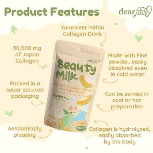 Dear Face Beauty Milk product features infographic detailing 50,000mg of hydrolyzed Japan collagen and hot or cold serving options.