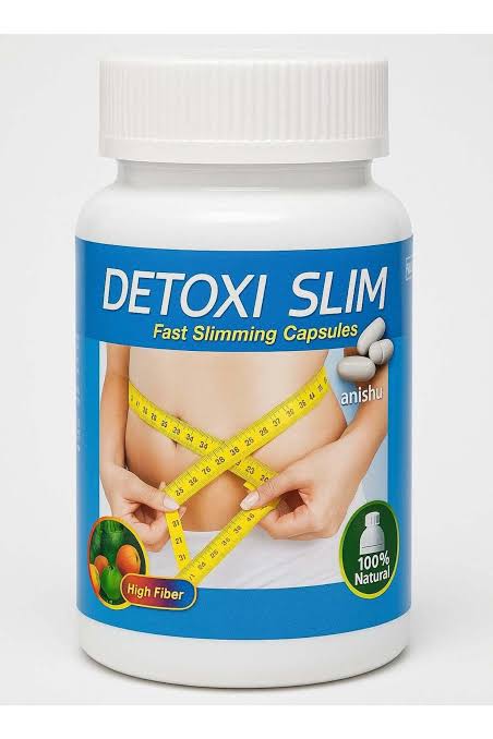 Front label view of Detoxi Slim Fast Slimming Capsules white bottle highlighting high fiber and 100 percent natural weight management benefits.
