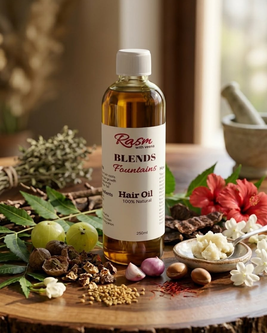 House of MKB Blends Fountains Intensive Herbal Hair Oil in a premium clear bottle displaying a rich golden amber color, surrounded by fresh raw amla and herbal ingredients.