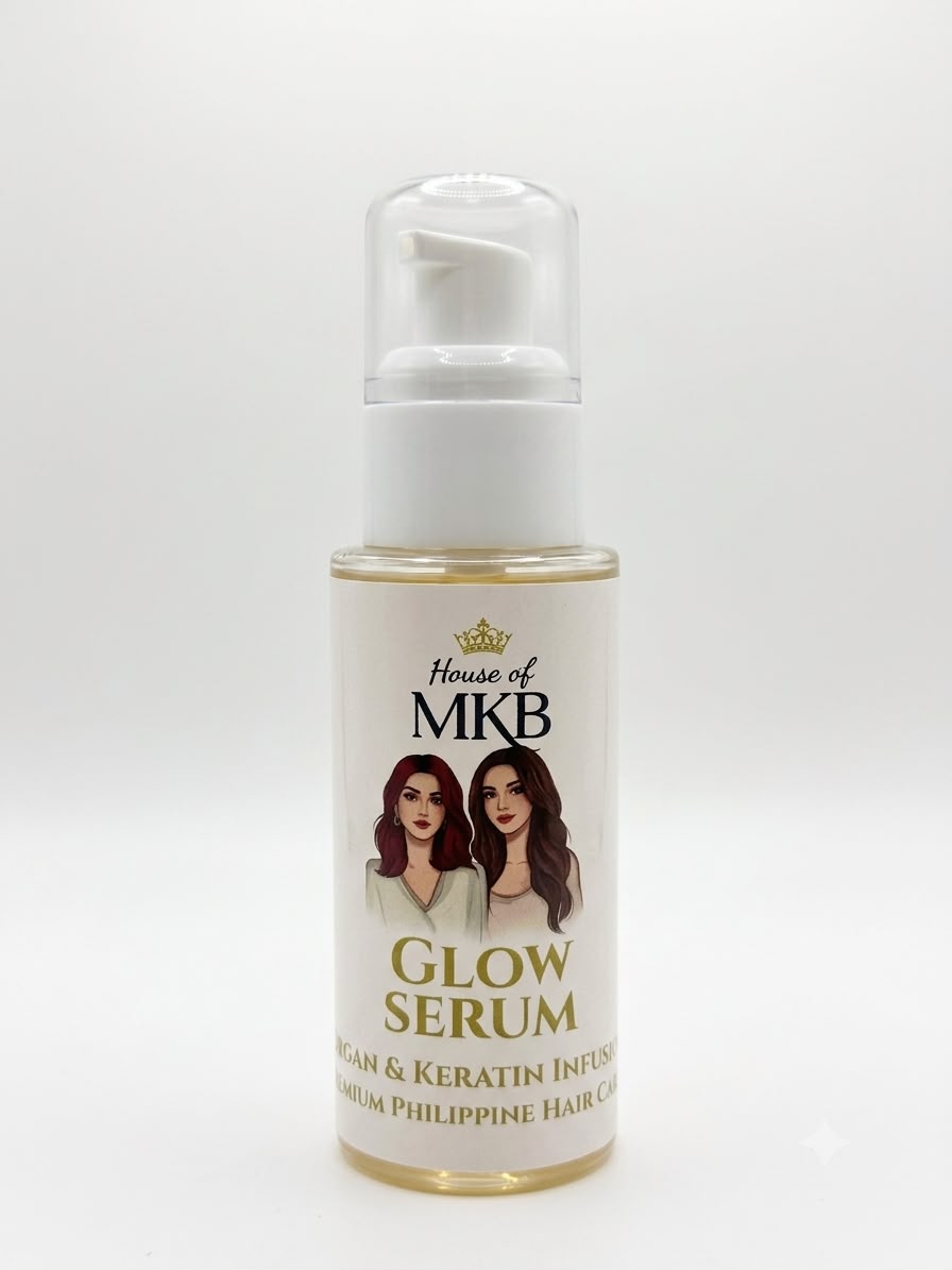 Glow Serum bottle with 'House of MKB' branding on a white background