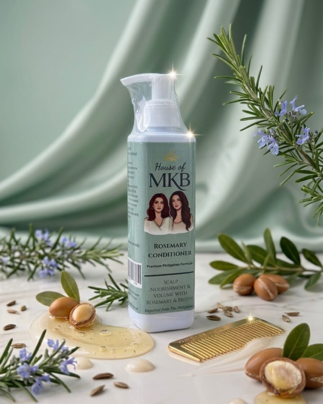 House of MKB Rosemary Conditioner in a premium white pump bottle with a clean sage-green label for scalp nourishment and volume.
