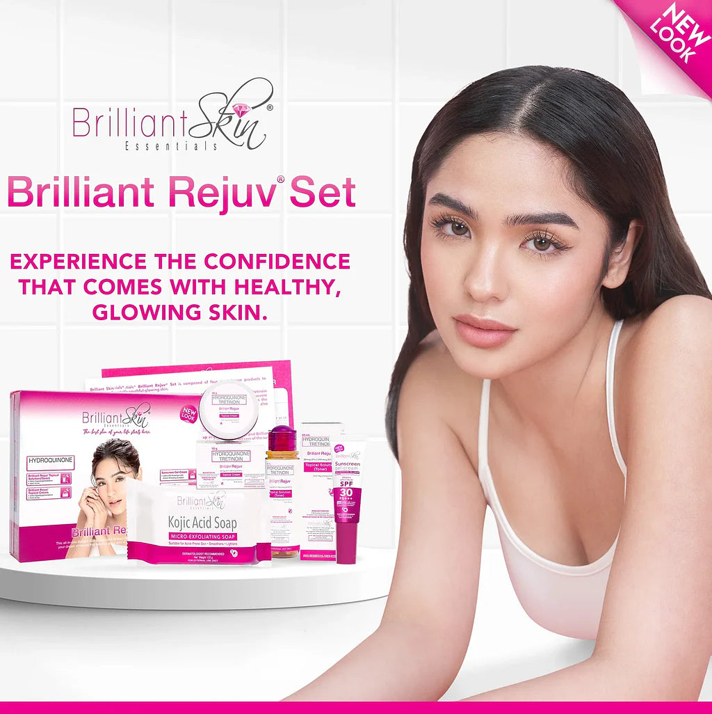 Original Brilliant Skin Essentials Rejuvenating Facial Set with Kojic Acid Soap and Sunscreen Cream for acne and glowing skin.