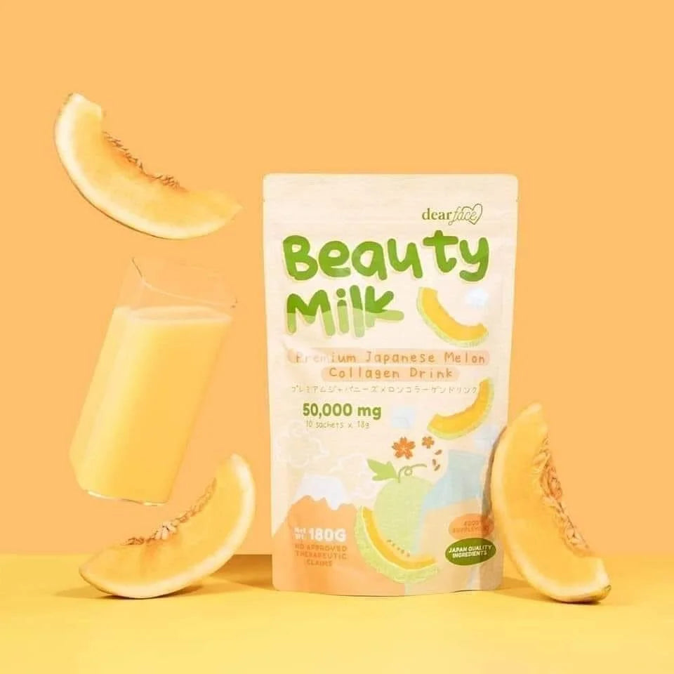 Dear Face Beauty Milk Melon flavor collagen powder pouch display surrounded by fresh melon slices on an orange background.