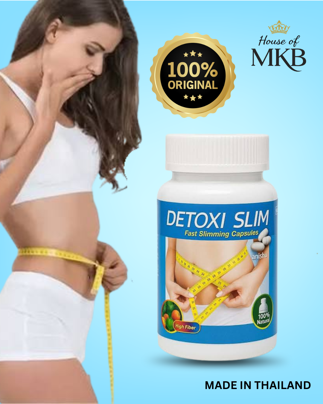 DetoxSlim capsule bottle with a woman measuring her waist on a blue background, featuring the House of MKB brand.