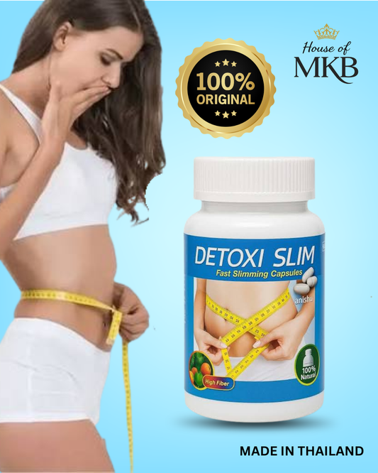 DetoxSlim capsule bottle with a woman measuring her waist on a blue background, featuring the House of MKB brand.
