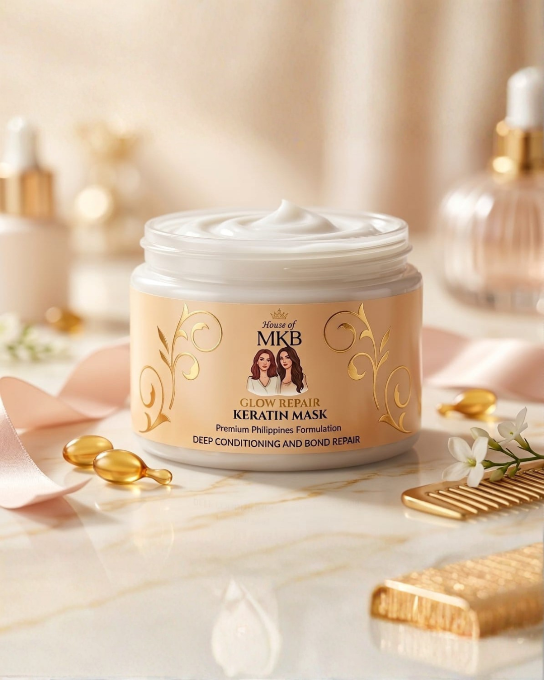 House of MKB Glow Repair Keratin Hair Mask jar on a premium marble studio surface with gold comb and argan oil capsules.