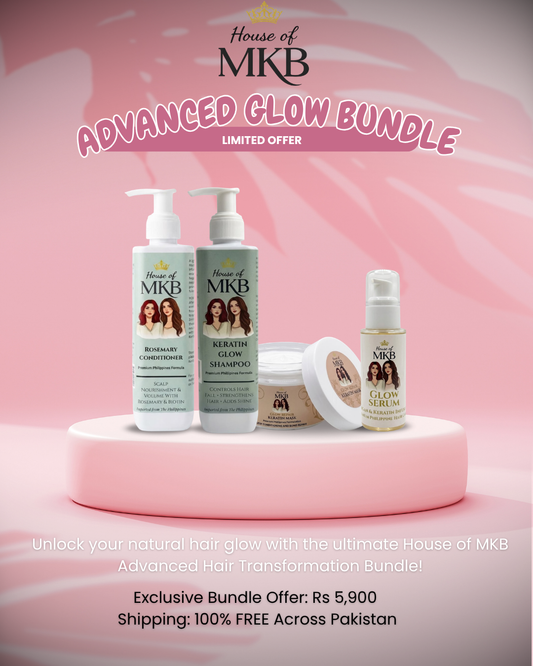 House of MKB Advanced Glow Bundle featuring Keratin Glow Shampoo, Rosemary Conditioner, Glow Serum, and Keratin Hair Mask on a premium pink podium.