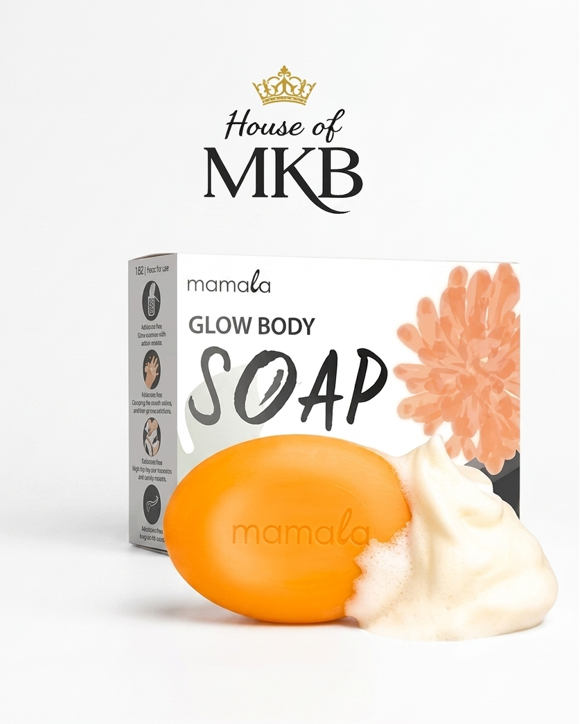 Mamala Glow Body Soap 90g product display with rich lather foam on a clean white background, featuring the House of MKB logo at the top.