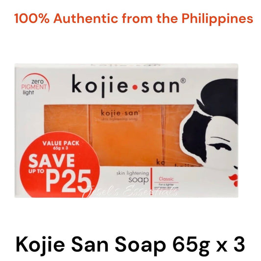 Authentic Kojie San Skin Lightening Soap Classic 65g 3-bar value pack imported from the Philippines featuring Zero Pigment Light technology.