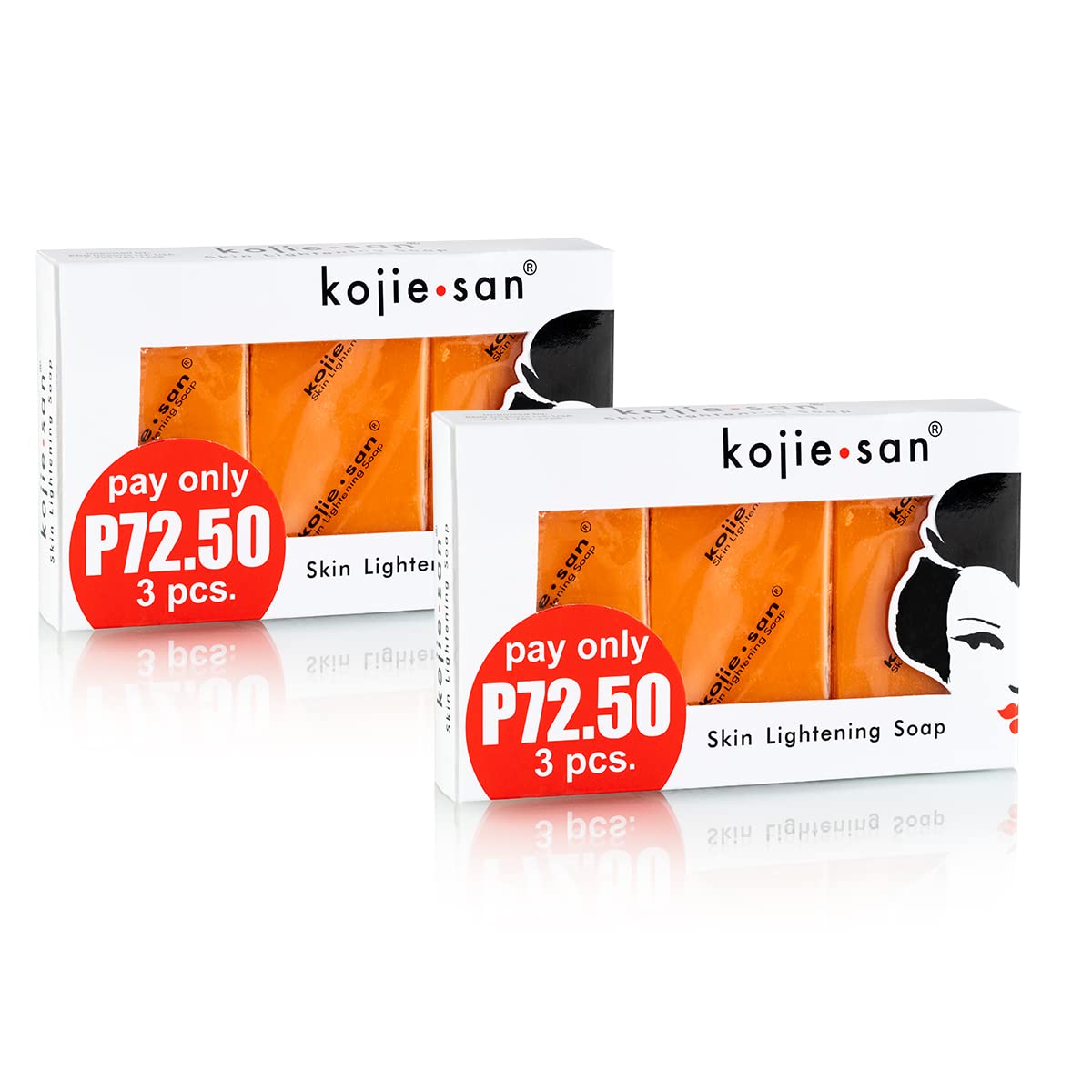 Two boxes of original Kojie San skin lightening soap classic value packs displaying promotional price tags.