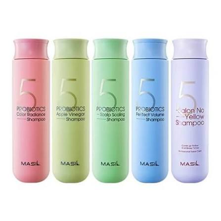 Five bottles of MASIL Probiotics shampoo in different colors on a white background