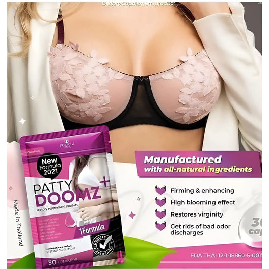 Patty Doomz Plus capsules main banner showcasing the premium 30-capsule all-natural feminine vitality and skin firming package formula.