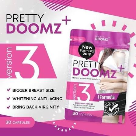 Pretty Doomz Plus Version 3 promotional box layout highlighting benefits for breast sizing, whitening anti-aging, and overall body vitality.