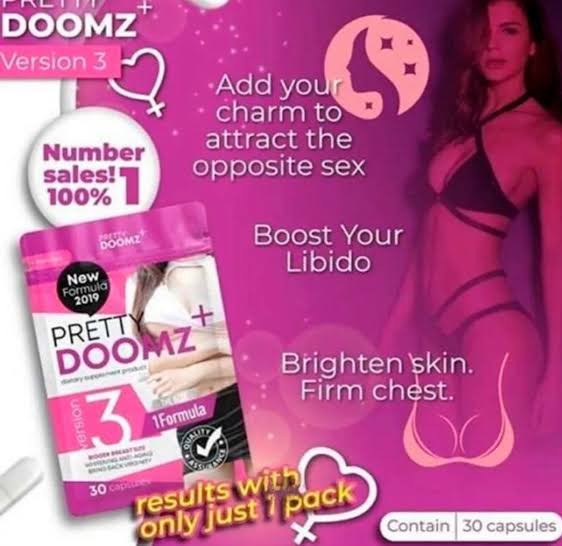 Pretty Doomz Version 3 promotional graphic detailing libido boosting, skin brightening, and chest firming results with just one pack.