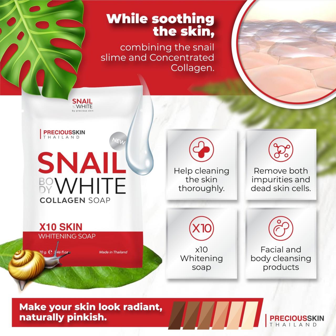 Snail White Collagen Soap infographic highlighting key features including deep skin moisturizing, dead cell removal, X10 whitening cells, and standard daily cleansing.