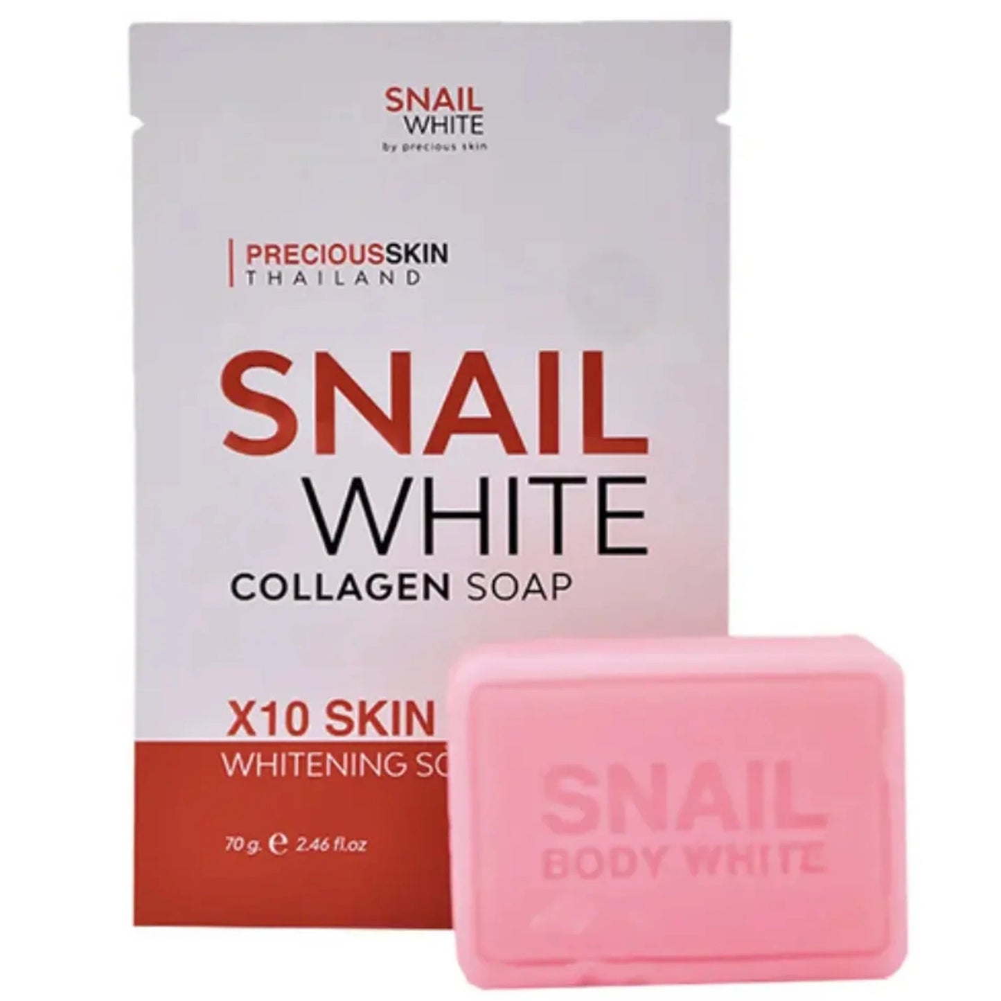 Authentic Precious Skin Thailand Snail White Collagen Soap 70g packaging pouch alongside the pink embossed soap bar.