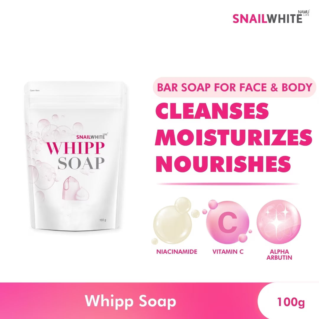 Namu Life Snail White Whipp Soap 100g package infographic highlighting Niacinamide, Vitamin C, and Alpha Arbutin benefits to cleanse, moisturize, and nourish skin.