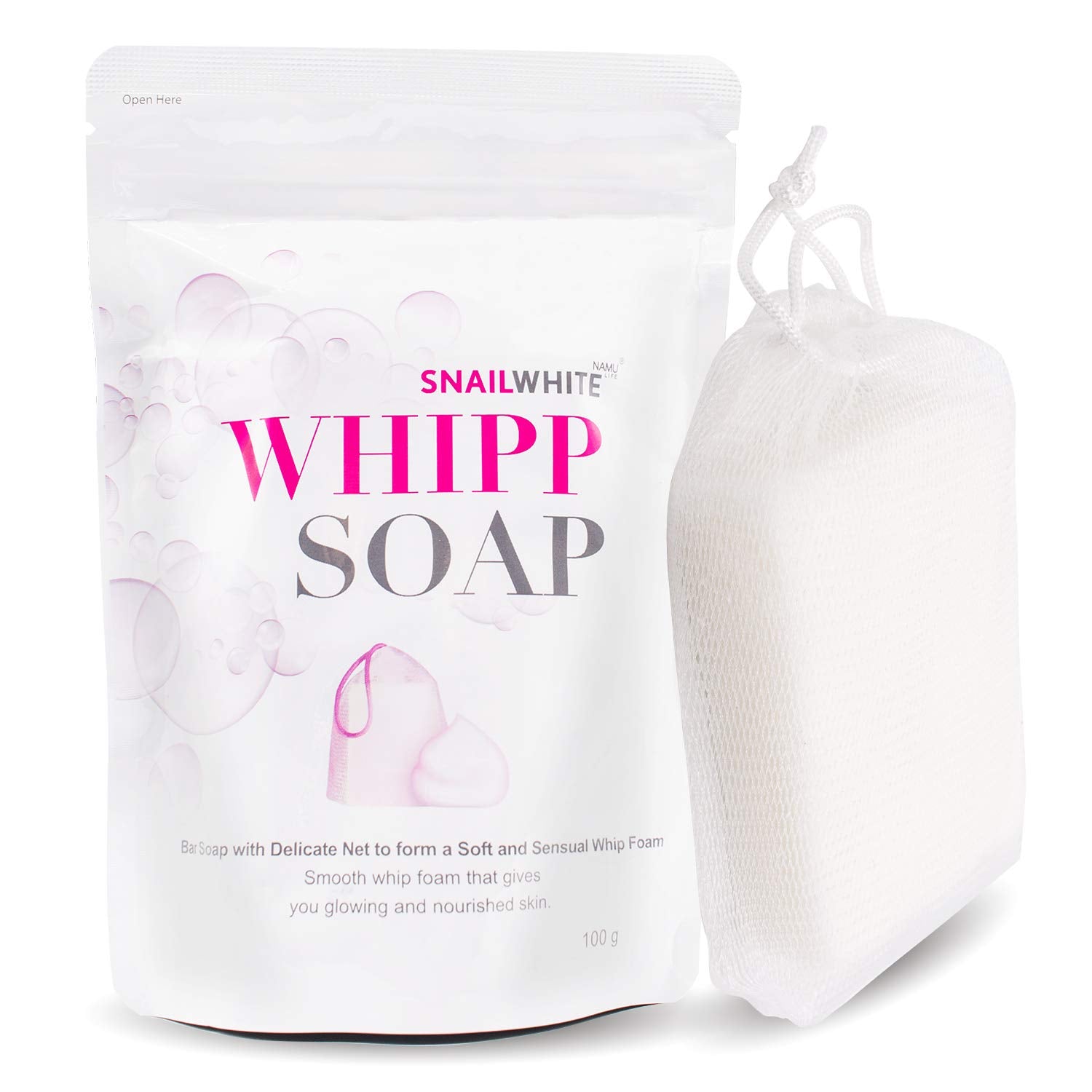 Namu Life Snail White Whipp Soap 100g pouch package displayed next to its included delicate white mesh foaming net.
