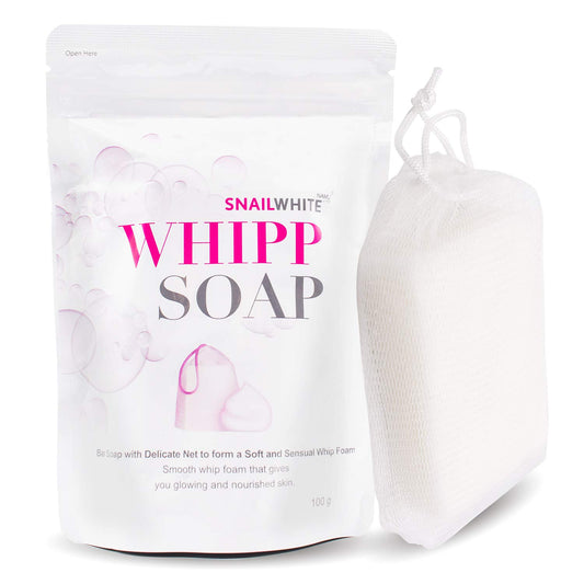 Namu Life Snail White Whipp Soap 100g pouch package displayed next to its included delicate white mesh foaming net.