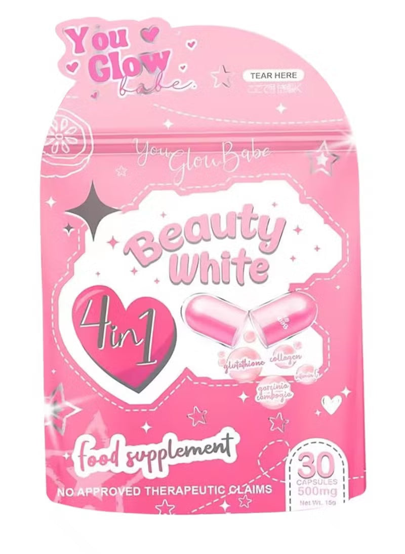Front packaging view of the pink You Glow Babe Beauty White 4-in-1 food supplement pouch showing 30 capsules of 500mg each.