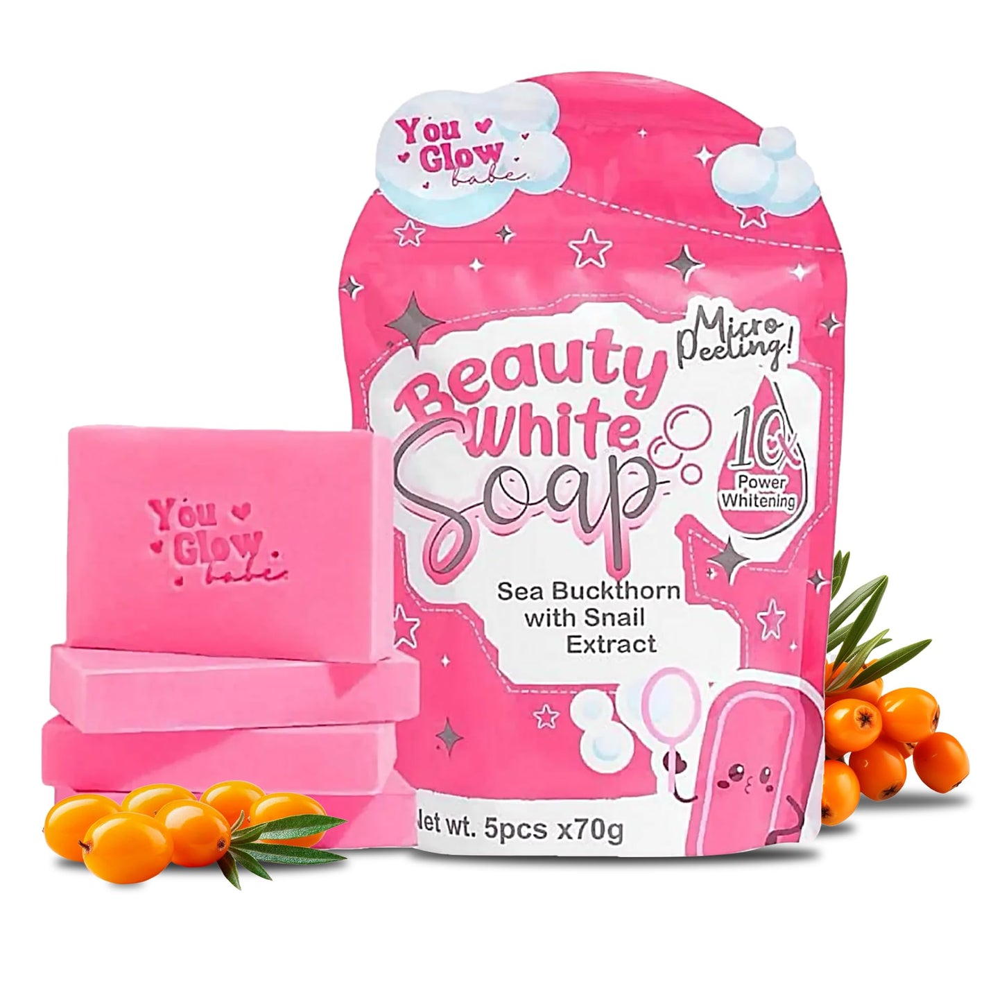 You Glow Babe Beauty White Soap 5-piece pouch package alongside a stack of pink soap bars and fresh orange sea buckthorn berries.