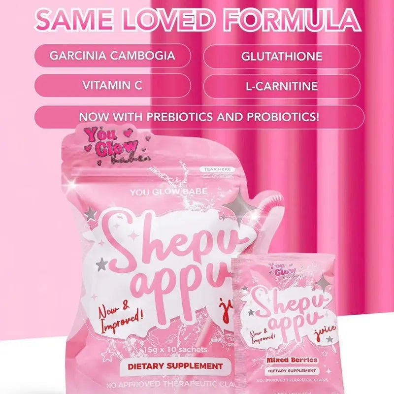 YouGlow Babe Shepu Appu Juice main promotional banner highlighting active ingredients like Garcinia Cambogia, Glutathione, Vitamin C, L-Carnitine, Prebiotics, and Probiotics.